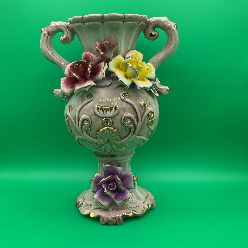Vintage Porcelain Capodimonie Italian Floral Vase With Three Roses Two Handle